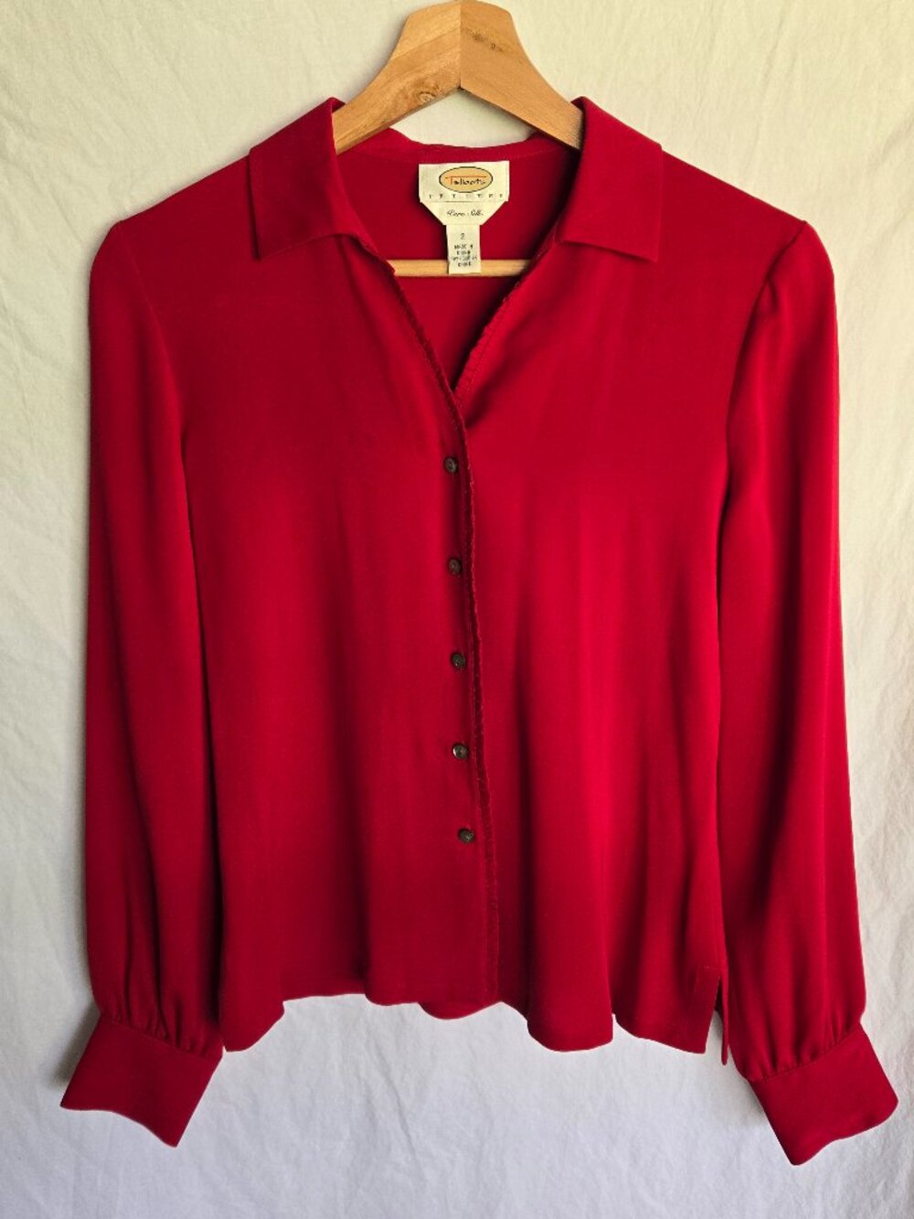 100% Silk Blouse Red Talbots Petites Size 2 Button Front Long Sleeve